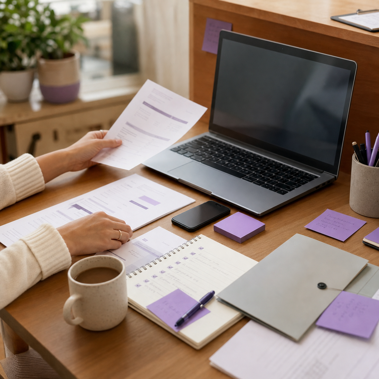 Hands organizing forms, notes, and admin work at a small business desk.