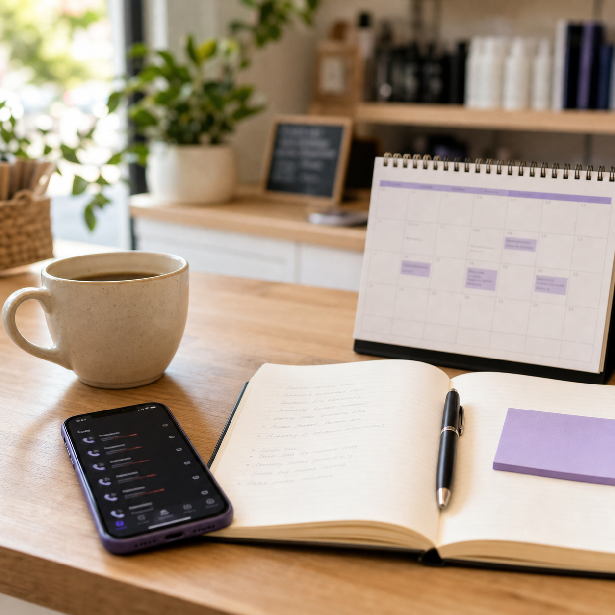 A phone, notebook, and appointment calendar on a warm small business counter.