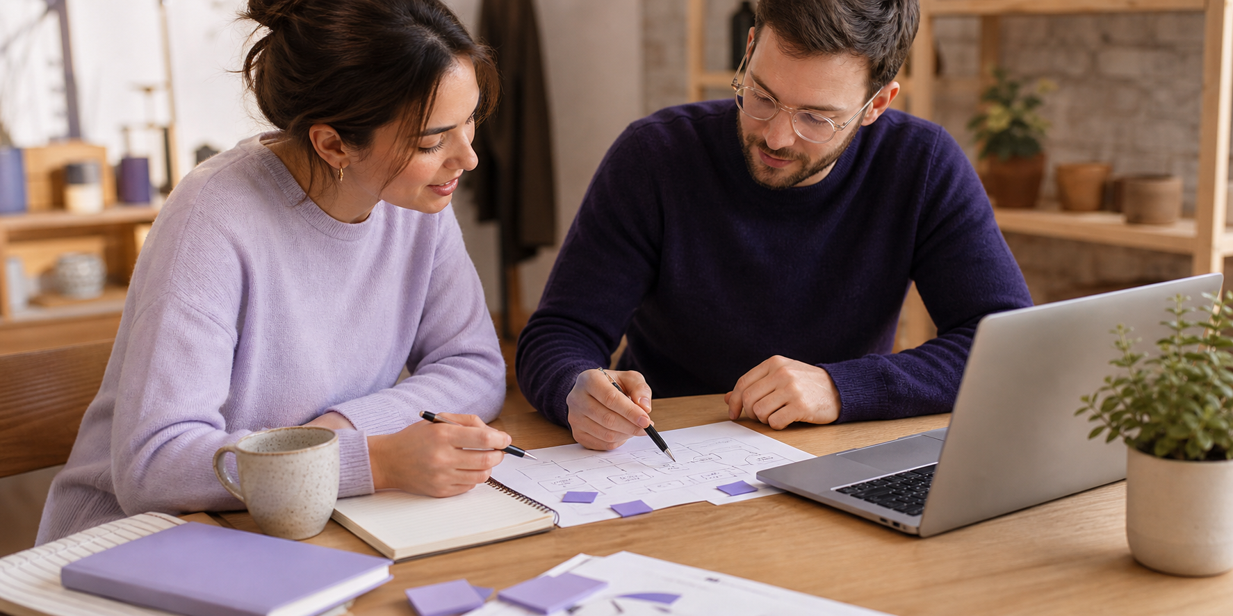 Two people reviewing notes and a laptop together in a warm small business workspace.